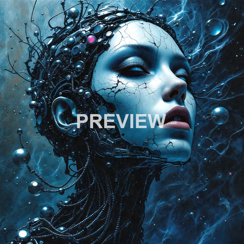 A futuristic digital artwork of a woman's face intertwined with mechanical and electronic components, with cracks on her skin and a glowing, abstract background.